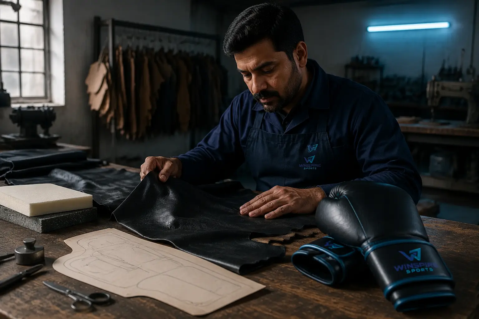 Winspire Sports craftsperson reviewing leather, foam and boxing glove patterns