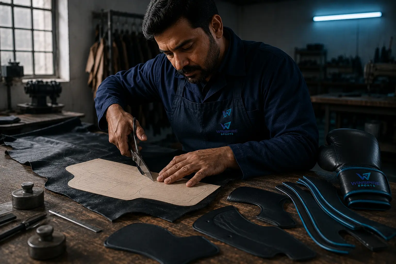 Precision cutting of black leather panels for a Winspire boxing glove