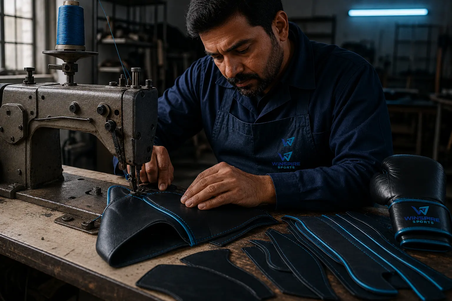 Craftsperson stitching the black and cyan Winspire boxing glove shell