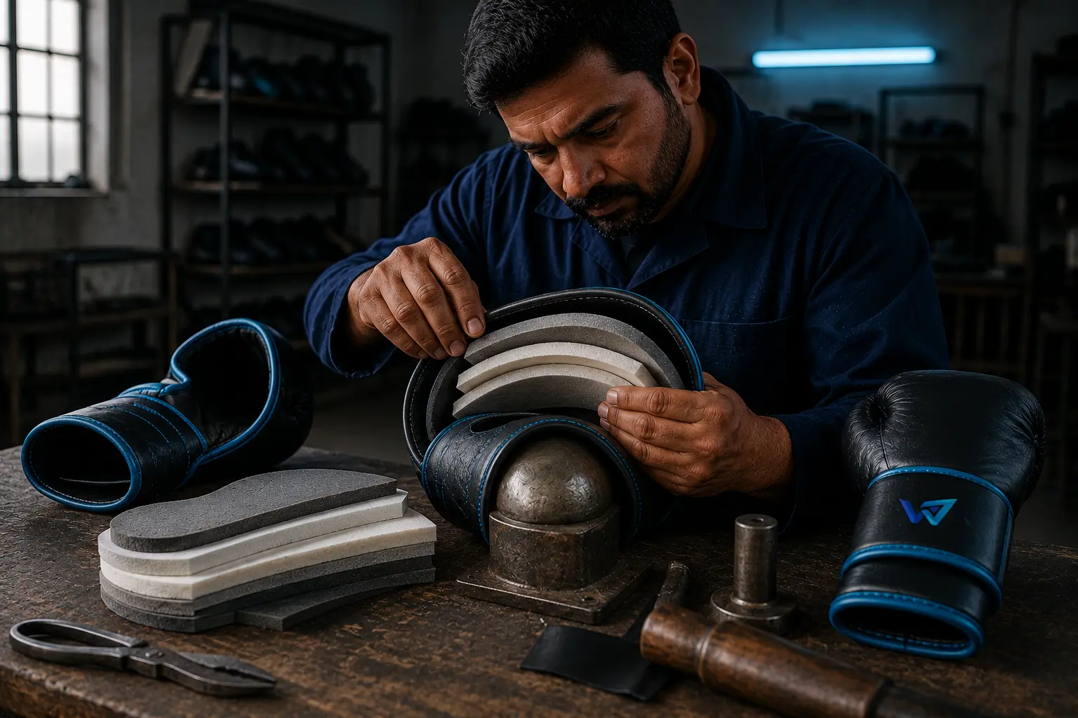 Layered impact foam being assembled inside a Winspire boxing glove