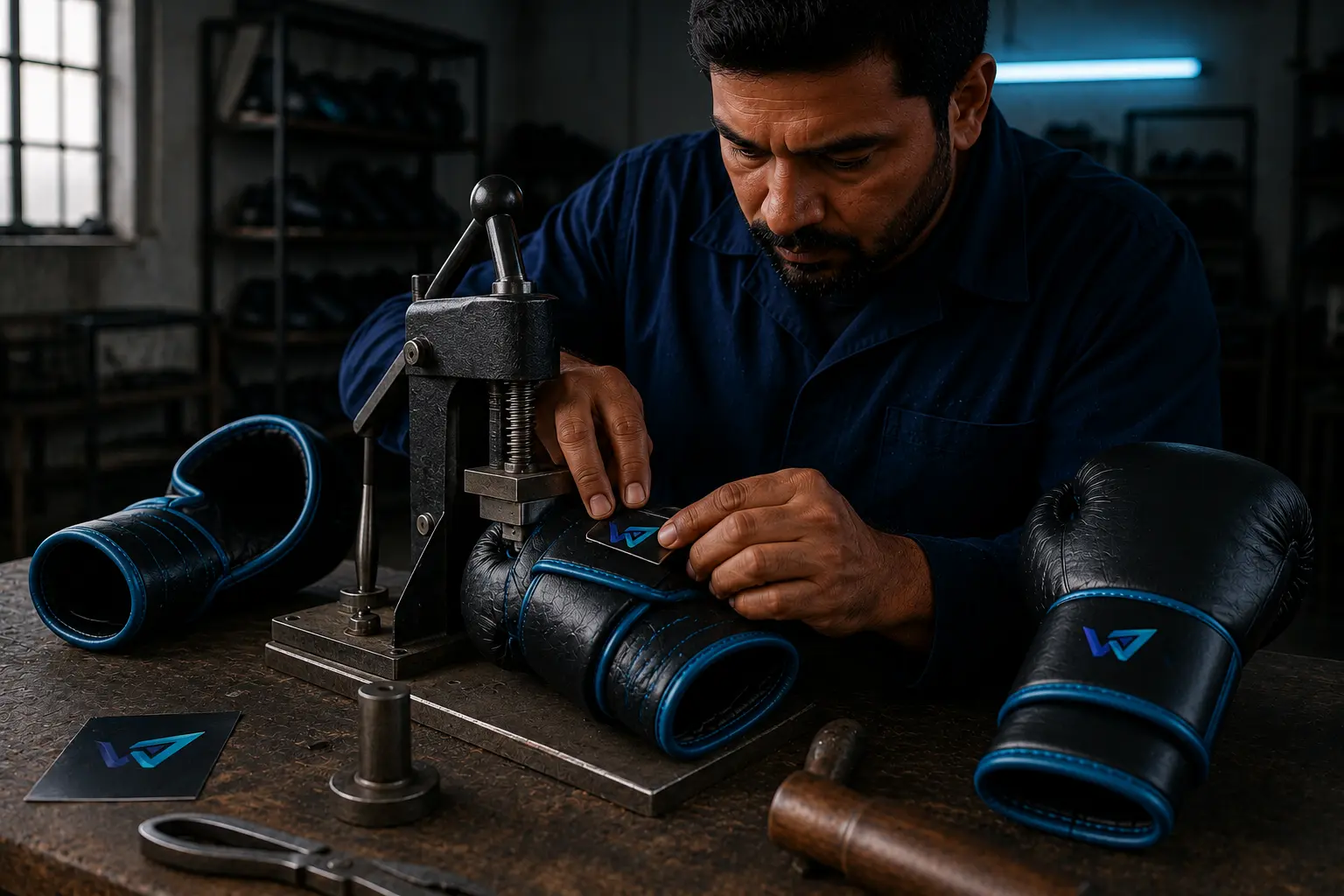 Exact Winspire brand mark being applied to the boxing glove wrist strap