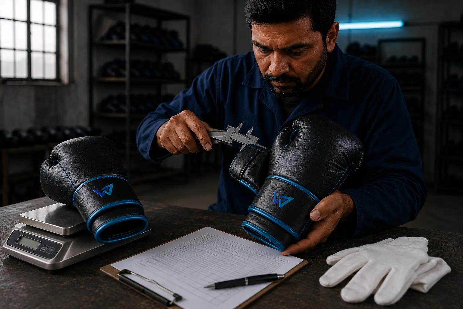Final dimensional and weight inspection of Winspire boxing gloves